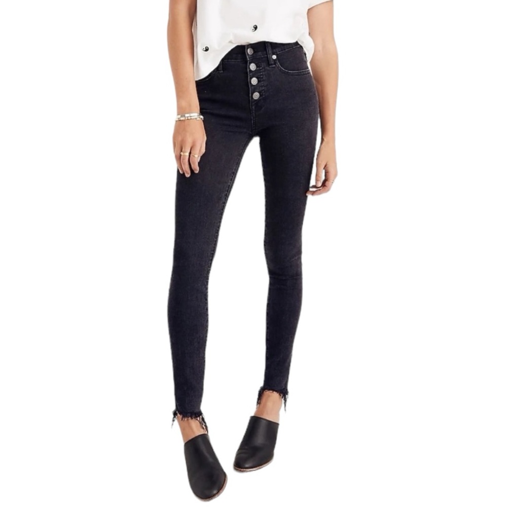 MADEWELL 9 Inch Mid Rise Skinny Jean in Black with Raw Hem and Button Fly